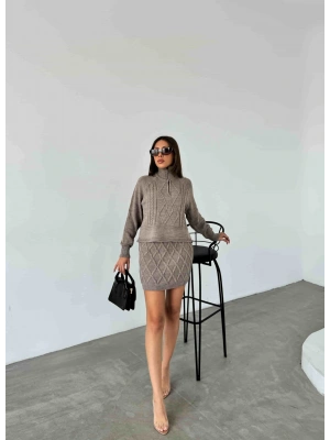 Fermuarlı Triko Etekli Takım 1512 - Vizon