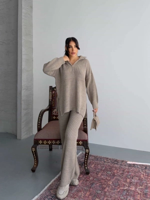 Fermuarlı Triko Takım 1556 - Vizon