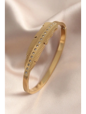 MuI MuI Gold Renk Yaprak Model Zirkon Taş Detay Kelepçe Kadın Bileklik