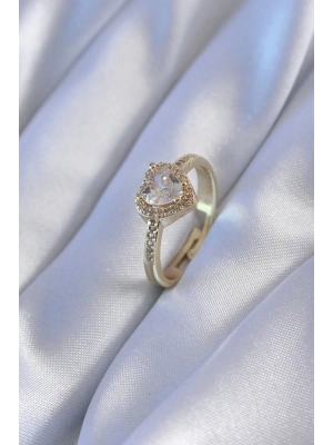 MuI MuI Gold Renk Zirkon Taşlı Kalp Model Pirinç Charm Kadın Yüzük