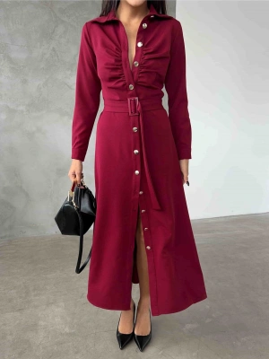 Gömlek Elbise - Bordo