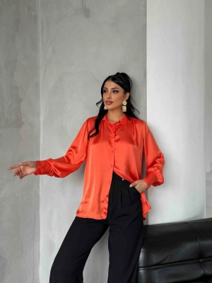 İnci Düğmeli Saten Gömlek - Turuncu