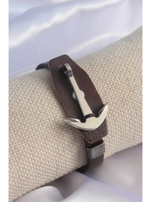 MuI MuI Kahverengi Deri Model Gümüş Renk Çapa Figür Erkek Bileklik