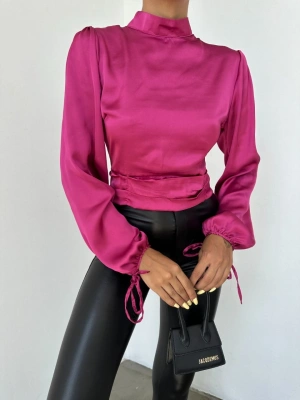 Kısa Saten Bluz - Fuşya
