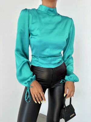 Kısa Saten Bluz - Turkuaz