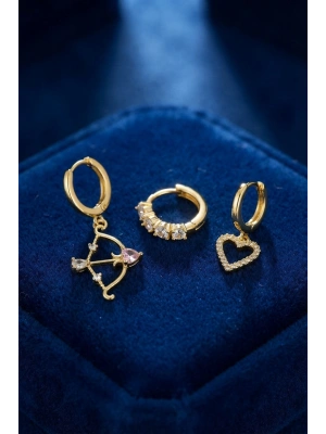 MuI MuI 3 lü Set Küpe Gold Renk Eros Yay Detaylı