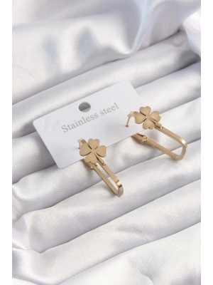 MuI MuI 316L Çelik Altın Renk Geometrik Yonca Model Küpe