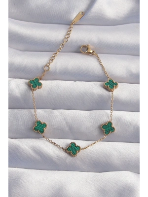 MuI MuI 316L Çelik Baby Boy Gold Renk Çizgili Yeşil Mineli Yonca Bileklik