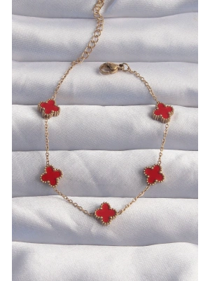 MuI MuI 316L Çelik Baby Boy Gold Renk Kırmızı Mineli Yonca Bileklik