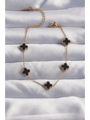 MuI MuI 316L Çelik Baby Boy Gold Renk Siyah Mineli Yonca Bileklik