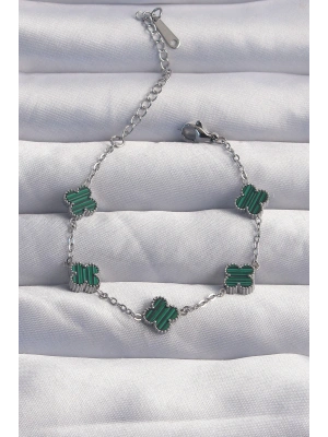 MuI MuI 316L Çelik Baby Boy Gümüş Renk Çizgili Yeşil Mineli Yonca Bileklik