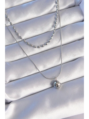 MuI MuI 316L Çelik Çift Zincirli Gümüş Renk Topçuk Model Kolye
