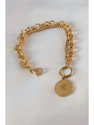 MuI MuI 316L Çelik Gold Renk 2li Zincir Model Çeyrek Altınlı Kadın Bileklik
