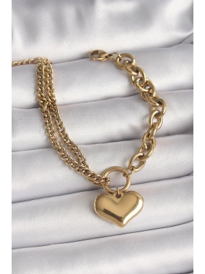 MuI MuI 316L Çelik Gold Renk 2Li Zincir Model Kalp Figür Kadın Bileklik