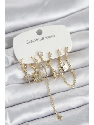 MuI MuI 316L Çelik Gold Renk 6lı Set Charmlı Kadın Küpe