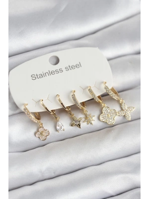 MuI MuI 316L Çelik Gold Renk 6lı Set Yonca Model Kadın Küpe