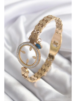 MuI MuI 316L Çelik Gold Renk Arpa Model Zirkon Taş Detay Çeyrek Altın Takılabilir Kadın Kelepçe