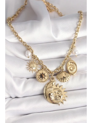 MuI MuI 316L Çelik Gold Renk Ay Güneş Figür Deniz Kabuğu Detay Kadın Kolye