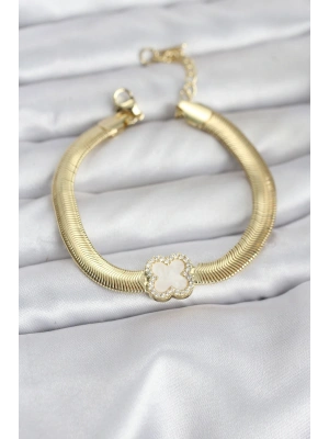 MuI MuI 316L Çelik Gold Renk Beyaz Yonca Model Zirkon Taşlı Yılan Zincirli Kadın Bileklik
