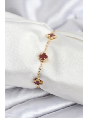 MuI MuI 316L Çelik Gold Renk Bordo Baby Boy Yonca Kadın Bileklik