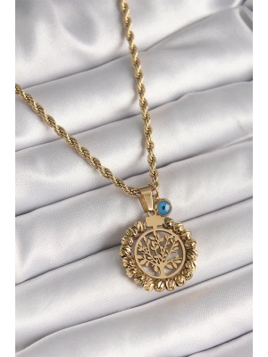 MuI MuI 316L Çelik Gold Renk Burgu Zincir Dorika Yaşam Ağacı Figür Nazar Boncuk Detay Kadın Kolye