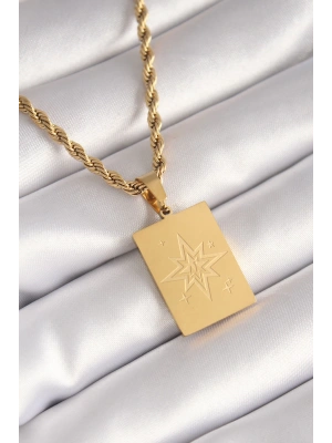 MuI MuI 316L Çelik Gold Renk Burgu Zincir Kutup Yıldızı İşleme Plaka Figür Kadın Kolye