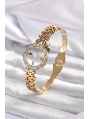 MuI MuI 316L Çelik Gold Renk Çeyrek Takılabilen Zirkon Taş Detay Kadın Kelepçe