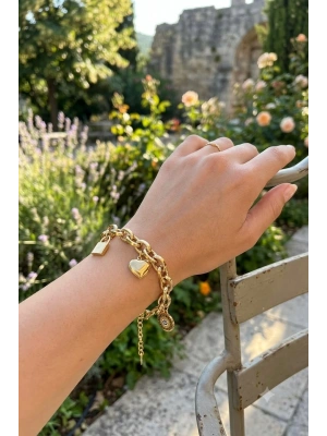 MuI MuI 316L Çelik Gold Renk Charmlı Kalın Burgu Model Kadın Bileklik