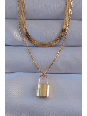 MuI MuI 316L Çelik Gold Renk Çift Zincir Kilit Model Kolye