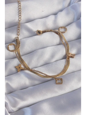 MuI MuI 316L Çelik Gold Renk Çift Zincir Yonca Tasarım Bileklik