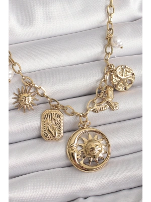 MuI MuI 316L Çelik Gold Renk Halka Zincir Sallantı Ay Güneş Figür Kuş Detay Kadın Kolye