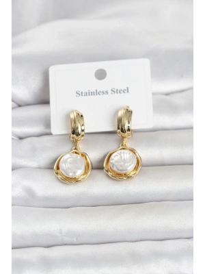 MuI MuI 316L Çelik Gold Renk İnci Detaylı Kadın Küpe