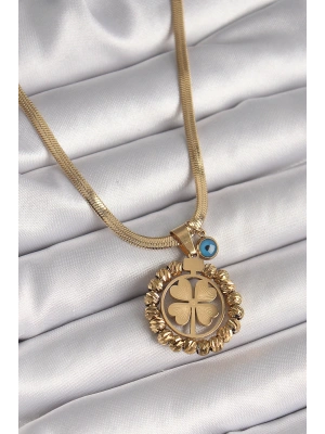 MuI MuI 316L Çelik Gold Renk İtalyan Zincir Dorika Yonca Model Nazar Boncuk Detay Kadın Kolye