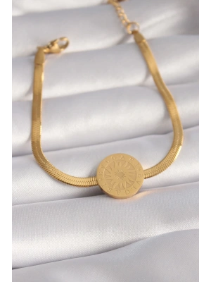 MuI MuI 316L Çelik Gold Renk İtalyan Zincir Model İşlemeli Madalyon Figür Kadın Bileklik