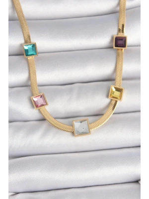 MuI MuI 316L Çelik Gold Renk İtalyan Zincir Model Kare Renkli Zirkon Taşlı Kadın Kolye