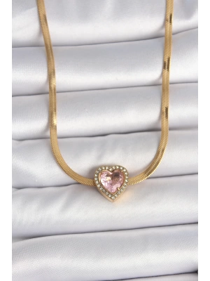 MuI MuI 316L Çelik Gold Renk İtalyan Zincir Pembe Zirkon Taşlı Kalp Model Kadın Kolye