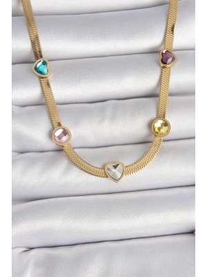 MuI MuI 316L Çelik Gold Renk İtalyan Zincir Renkli Zirkon Taşlı Kalp Figür Kadın Kolye
