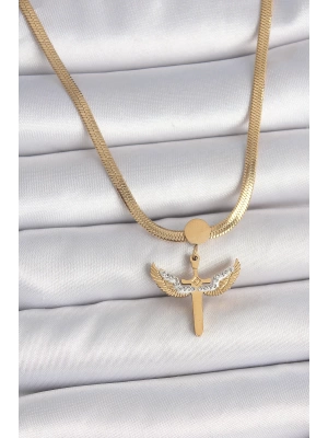 MuI MuI 316L Çelik Gold Renk İtalyan Zincir Zirkon Taş Detaylı Mikail Model Kadın Kolye