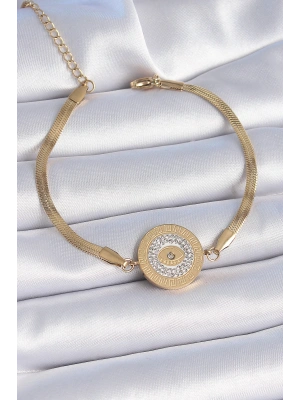 MuI MuI 316L Çelik Gold Renk İtalyan Zincir Zirkon Taşlı Göz İşlemeli Madalyon Model Kadın Bileklik