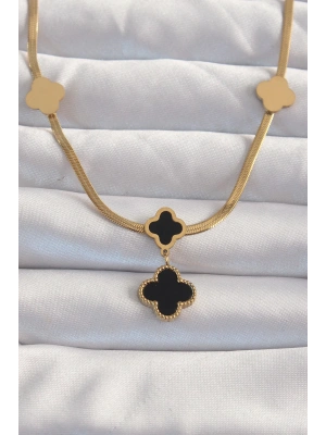 MuI MuI 316L Çelik Gold Renk İtalyan Zincirli Mineli Yonca Kolye