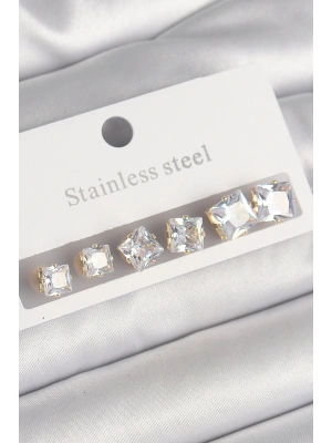 MuI MuI 316L Çelik Gold Renk Kare Zirkon Taş Model Kadın Küpe Seti