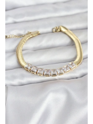 MuI MuI 316L Çelik Gold Renk Kare Zirkon Taşlı Yılan Zincirli Kadın Bileklik