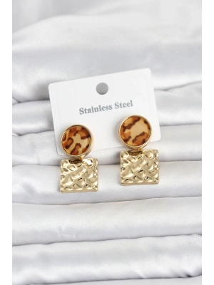 MuI MuI 316L Çelik Gold Renk Leopar Desenli Plaka Model Kadın Küpe