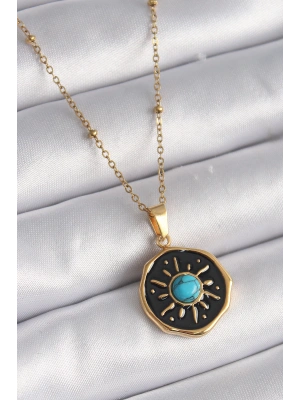MuI MuI 316L Çelik Gold Renk Mavi Boncuk Güneş İşleme Madalyon Model Kadın Kolye