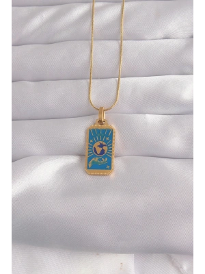 MuI MuI 316L Çelik Gold Renk Mavi Mineli El Figür Tarot Kolye
