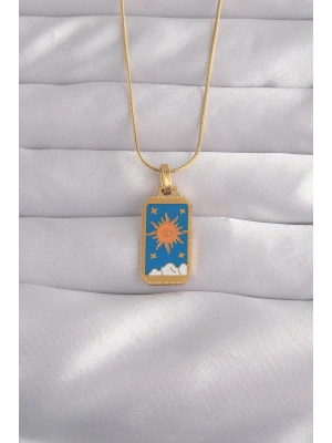 MuI MuI 316L Çelik Gold Renk Mavi Mineli Güneş Model Tarot Kolye