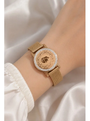 MuI MuI 316L Steel Gold Color Magnetic Mesh Zircon Stone Quarter Gold Model Womens Bracelet