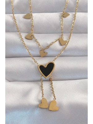 MuI MuI 316L Çelik Gold Renk Mineli Çoklu Kalp Kolye