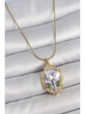 MuI MuI 316L Çelik Gold Renk Mor İncili Çiçek İşlemeli Portre Model Kadın Kolye