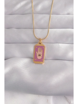 MuI MuI 316L Çelik Gold Renk Mor Mineli El Figür Tarot Kolye